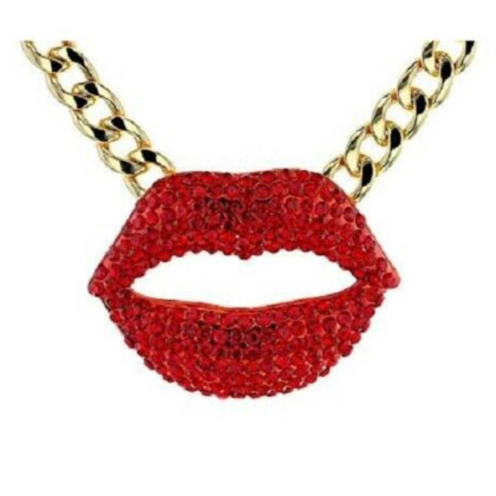 Natasha Couture Crystal Rhinestone Big Red Lip Mouth Pendant Gold Chain Necklace